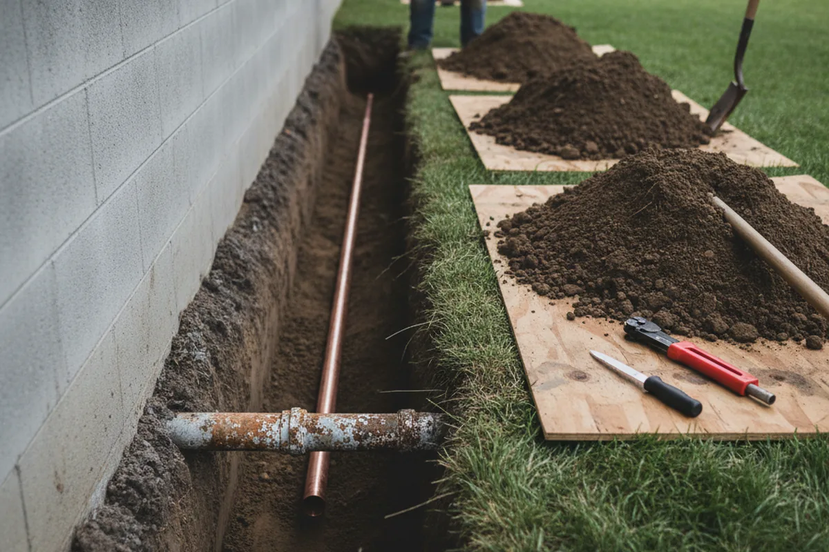 Excavated water line trench during Sewer Line Repair in Oliver Springs